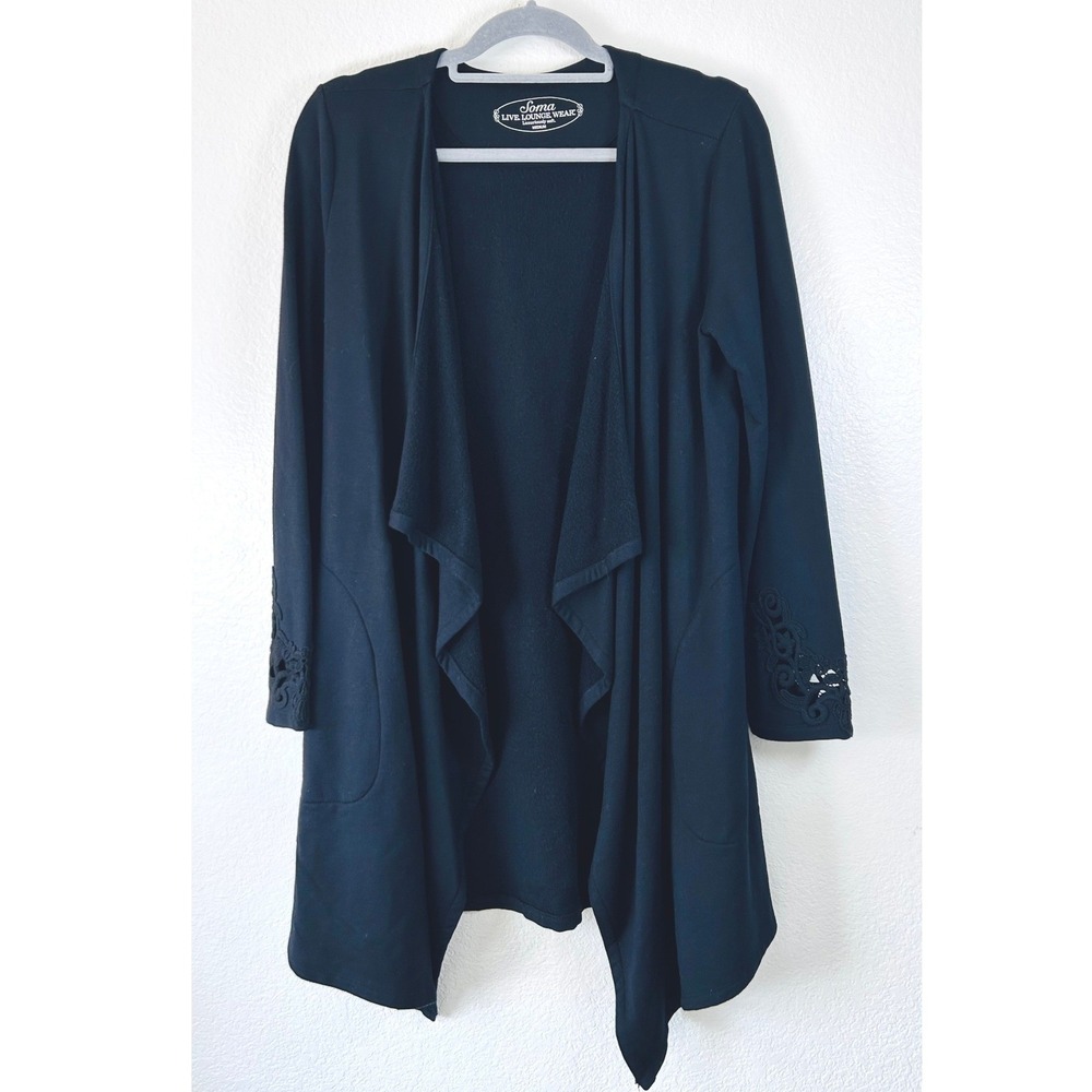 Soma Live Lounge Wear Black Travel Cozy Waterfall Wrap Cardigan Lace Cuff SZ M